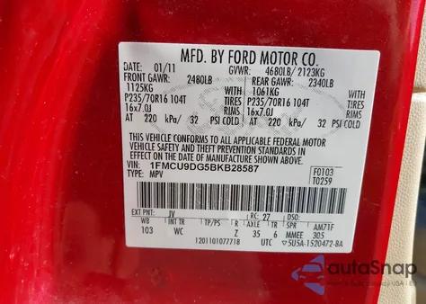 2011 Ford Escape Xlt z USA, uszkodzony, nr VIN 1FMCU9DG5BKB28587